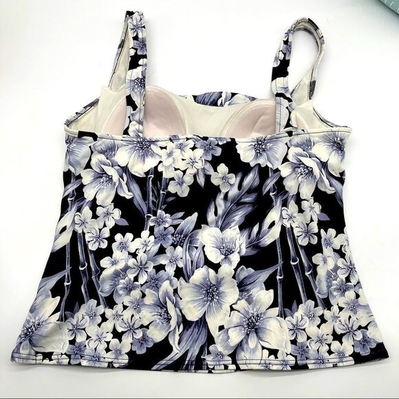 Mainstream Gray Black Floral Pleated Tankini Top Sz 16 - Picture 4 of 9
